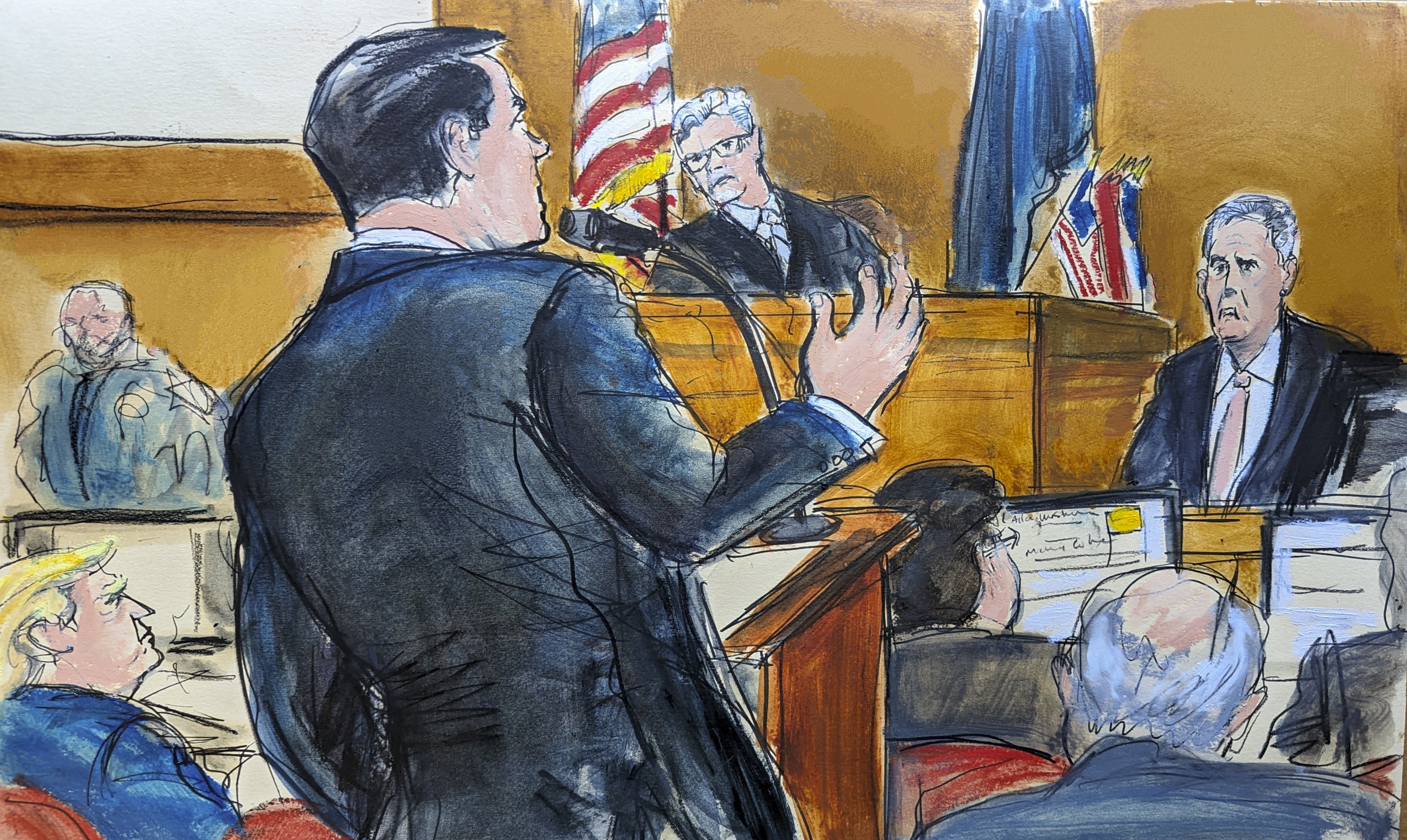 Donald Trump, far left, watches as defense attorney Todd Blanche cross examines Michael Cohen on the witness stand with Judge Juan Merchan presiding in Manhattan criminal court, Monday, May 20, 2024, in New York.
