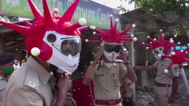 Indian police use coronavirus-themed equipment to get the message across