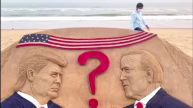 Artist portrays the presidential race in sand on an Indian beach