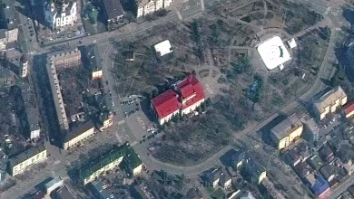 Ukrainian theater with signs that read ‘children’ attacked by Russia