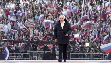 ‘Those storms will contribute to Russia’s glory’: Putin quotes national hero to packed stadium