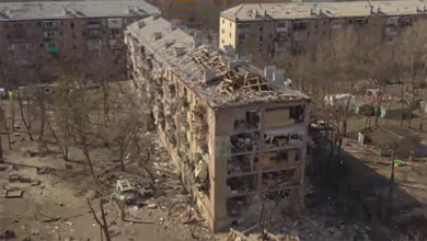 Watch: Drone footage shows damage to residential building following Russian shelling in Kyiv