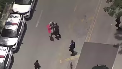 Anti-Trump protester wearing prisoner costume approaches Trump motorcade