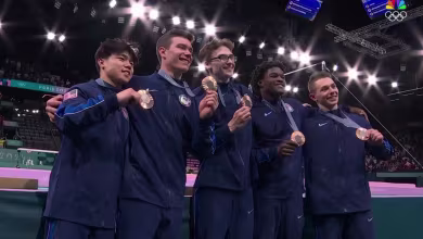 U.S. men's gymnastics team celebrates bronze medal
