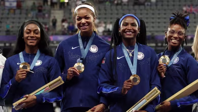 Team USA gets their golds for the women's 4x100m relay