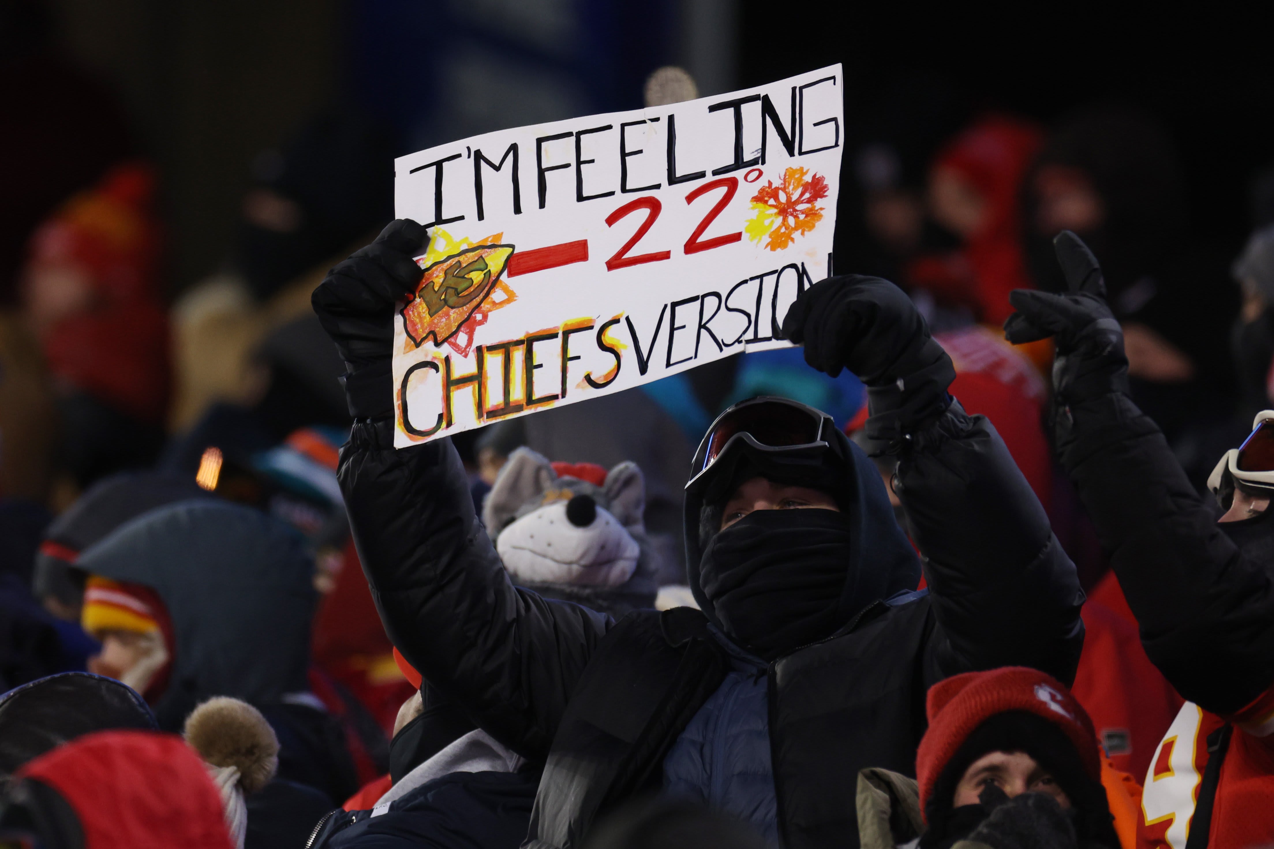 A Kansas City Chiefs fan holds a sign during the AFC Wild Card Playoffs. The Chiefs beat the Miami Dolphins on Jan. 13, 2024, at Arrowhead Stadium in Kansas City, Missouri.