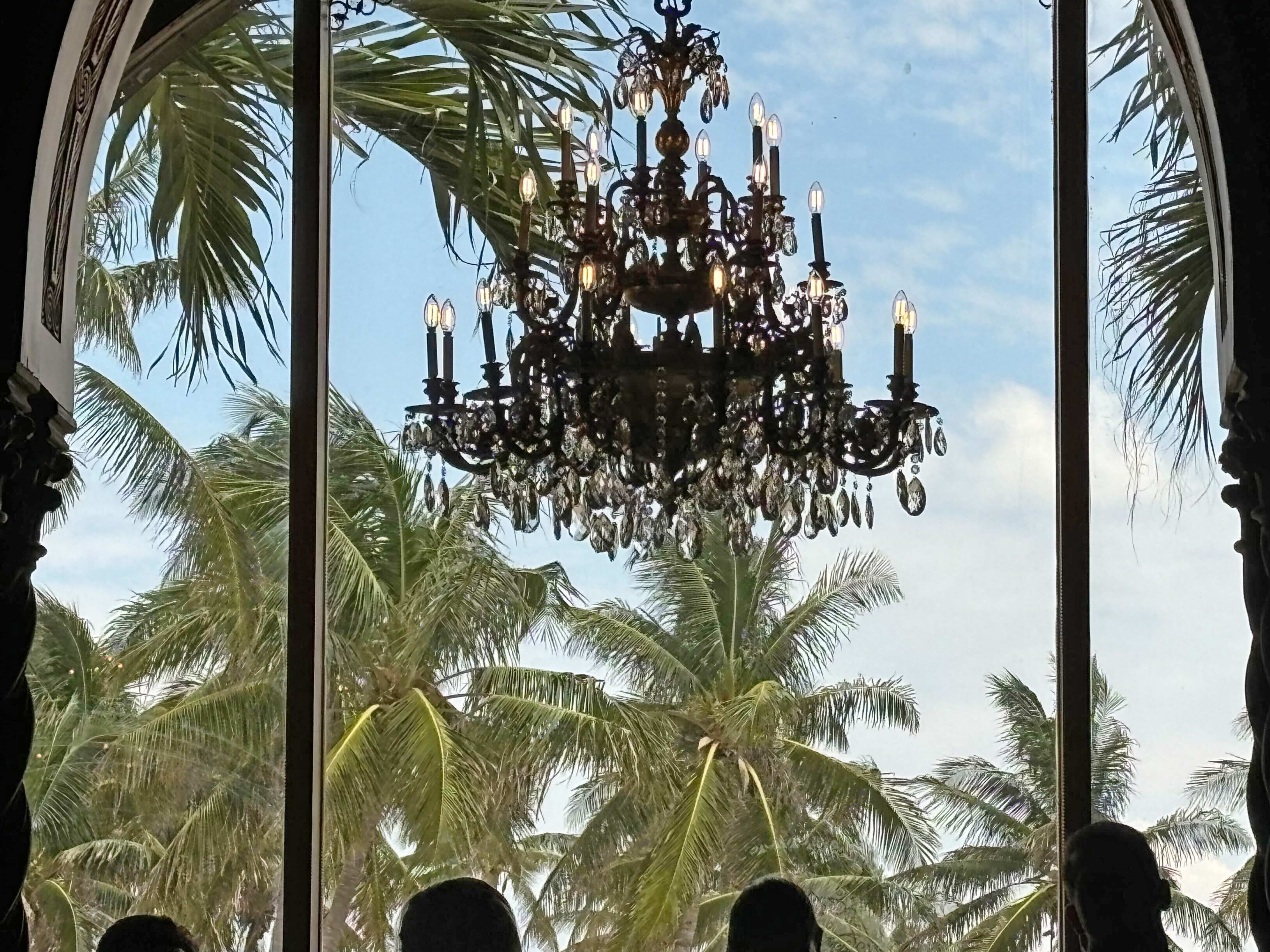 A podium is set up where former President Donald Trump will deliver remarks at Mar-a-Lago.