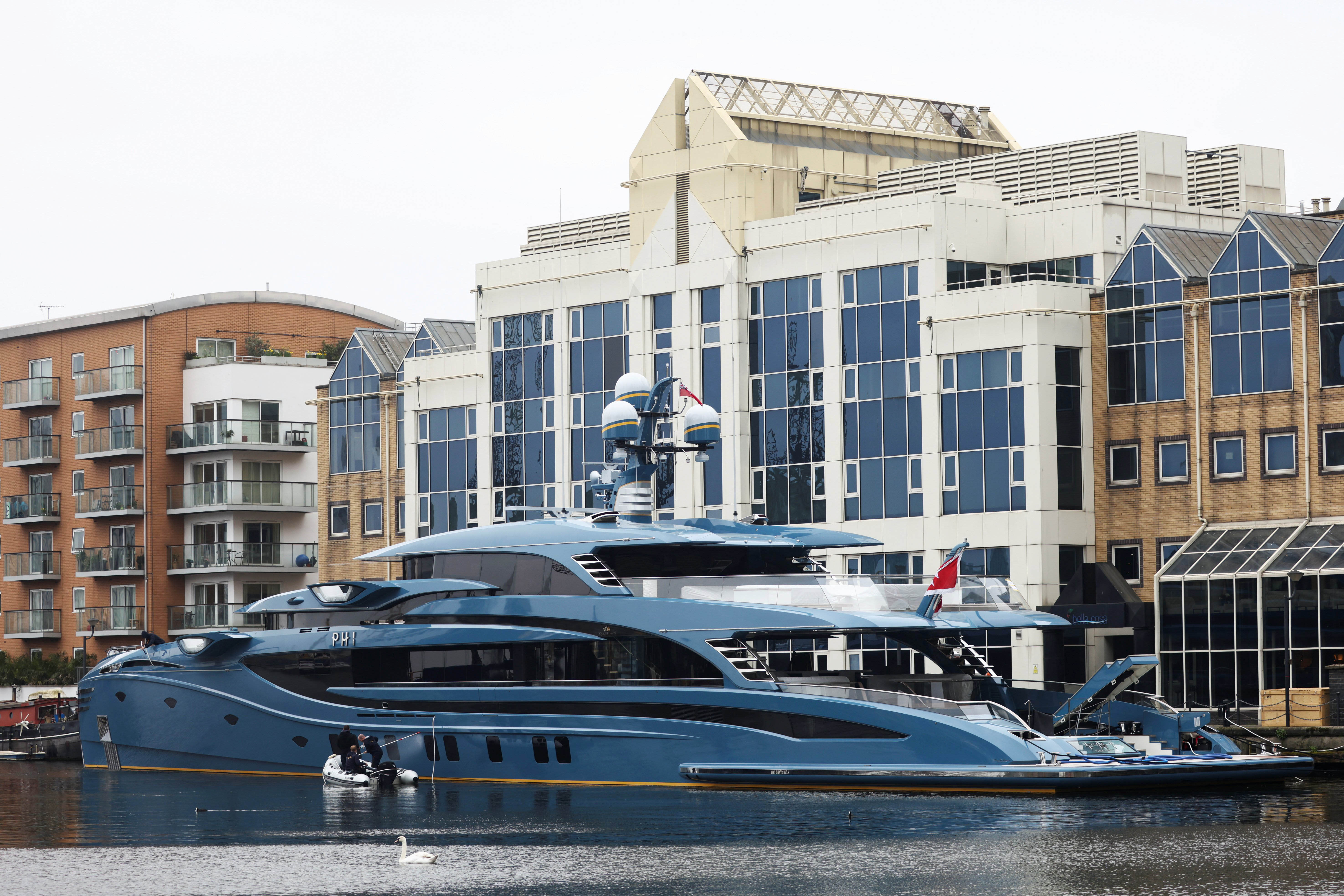 Russian-owned superyacht "Phi" is detained in West India and Millwall Docks in London on Tuesday.