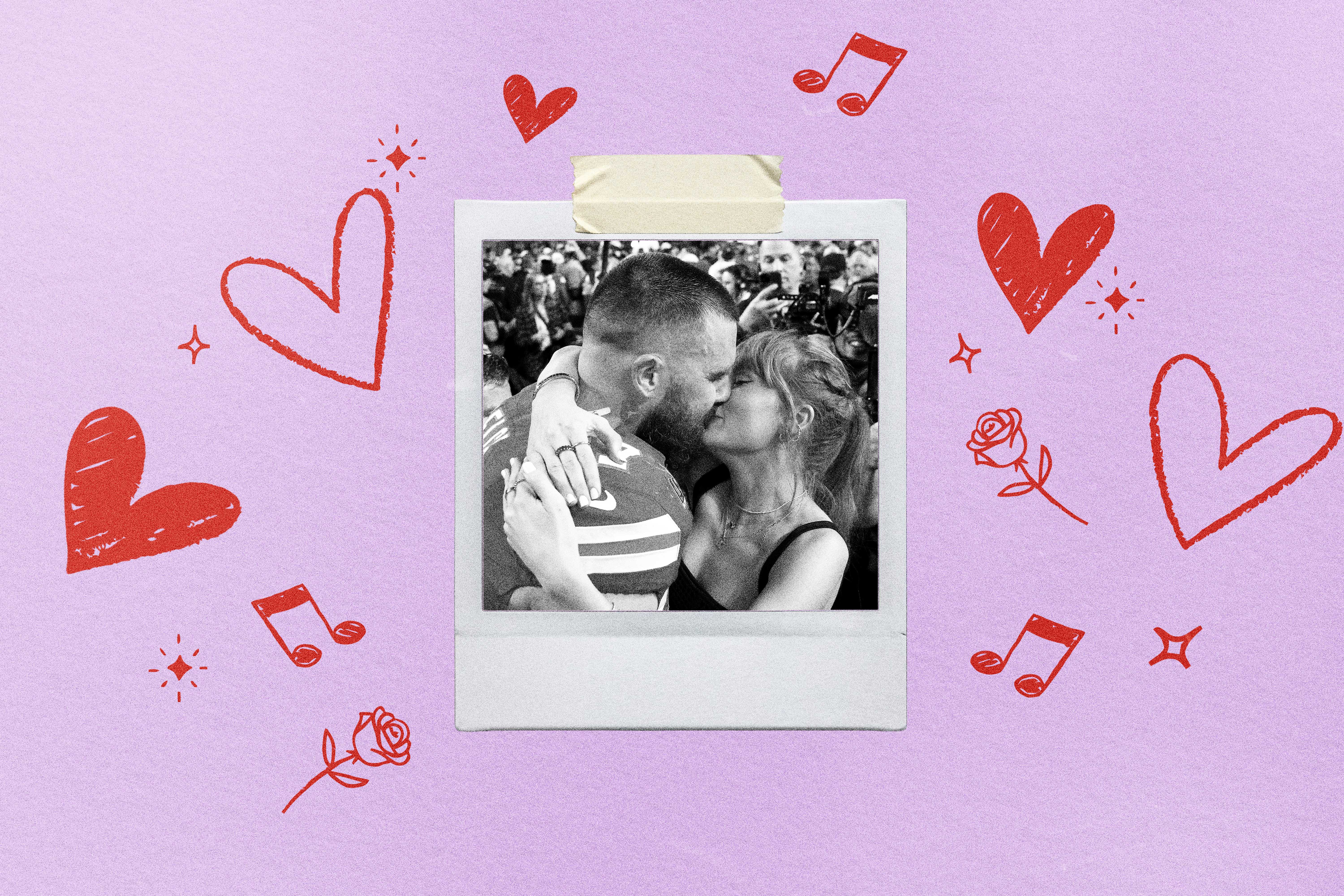 collage of taylor swift and travis kelce with love doodles