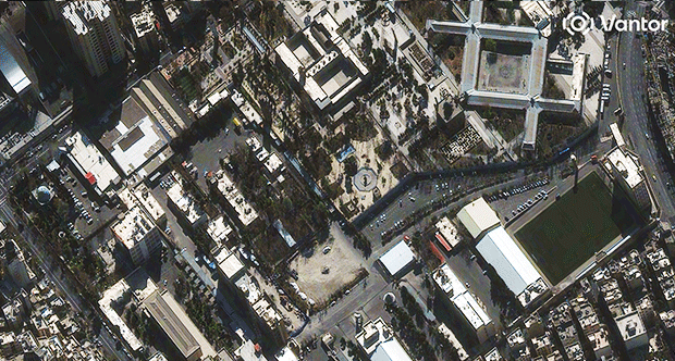 Satellite images from before and after airstrikes on March 3, 2026, show damage to the Islamic Revolutionary Court in Tehran.
