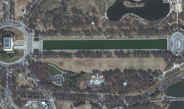 Satellite images from June 2023 to June 10, 2026, draining, resurfacing, painting, and re-filling of the reflecting pool on the National Mall.