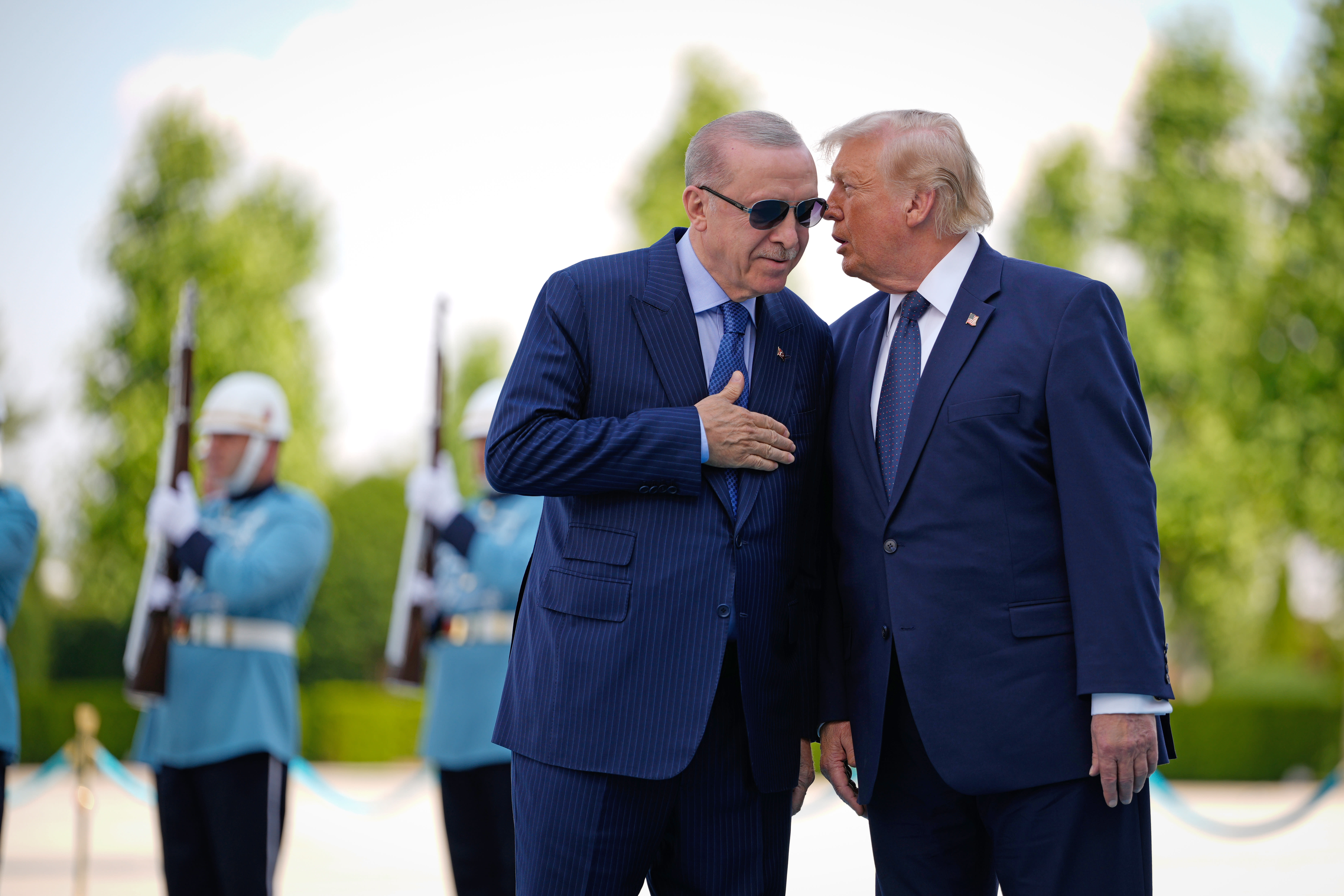 President Donald Trump speaks with Turkish President Recep Tayyip Erdogan during a formal arrival at the Bestepe Presidential Palace on July 7, 2026 in Ankara, Turkey. 