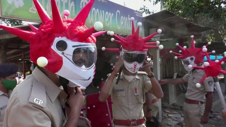 Indian police use coronavirus-themed equipment to get the message across