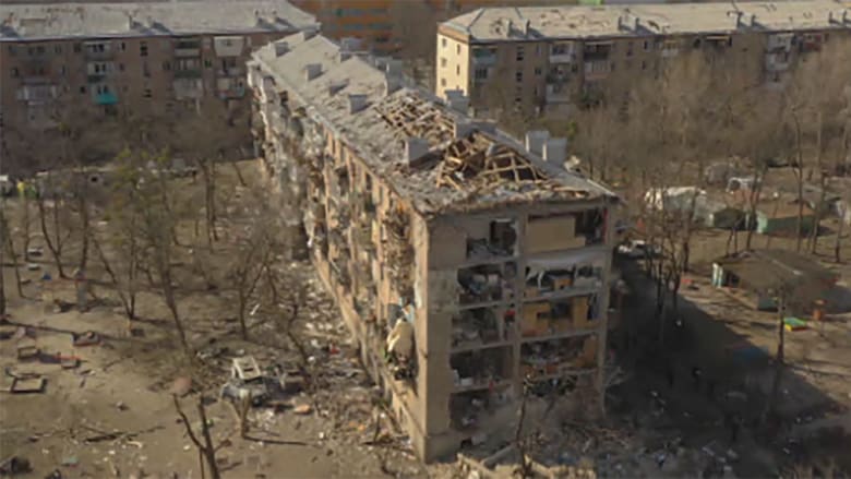 Watch: Drone footage shows damage to residential building following Russian shelling in Kyiv
