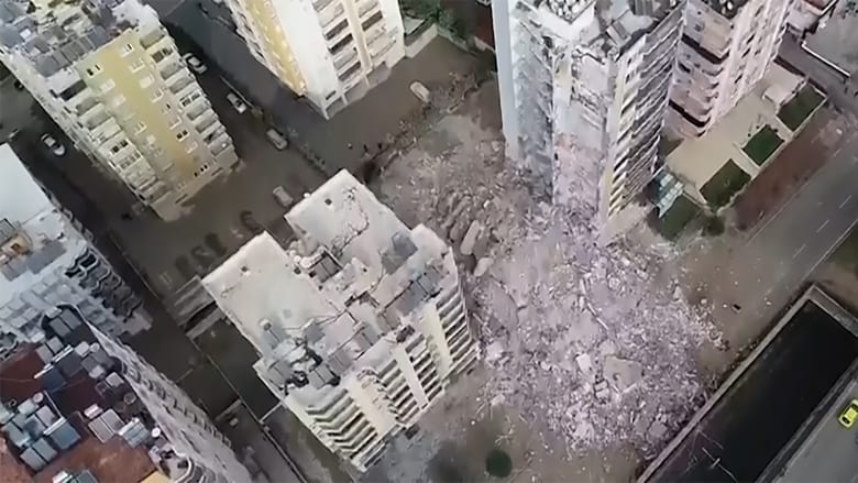 Drone footage shows collapsed buildings in Turkey