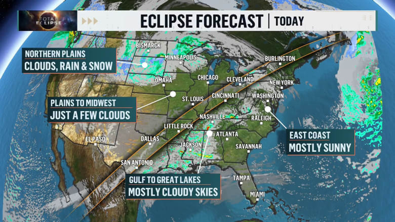 Where will it be cloudy in the U.S. during the total solar eclipse?