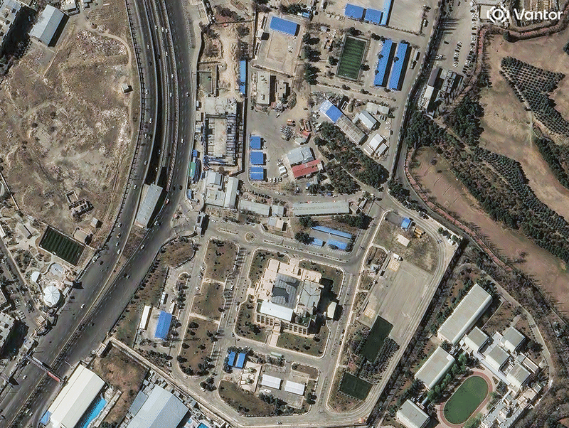 Satellite images from before and after airstrikes on March 3, 2026, show damage to the Islamic Revolutionary Guard Corps headquarters in Tehran.