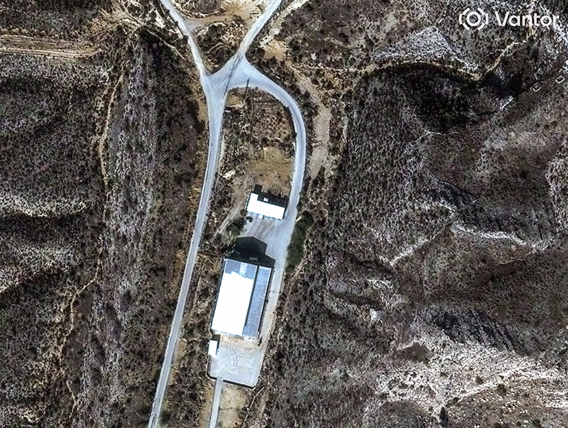 A storage building at Jam missile base in Iran on Dec. 24, 2025, and after airstrikes on March 6, 2026.