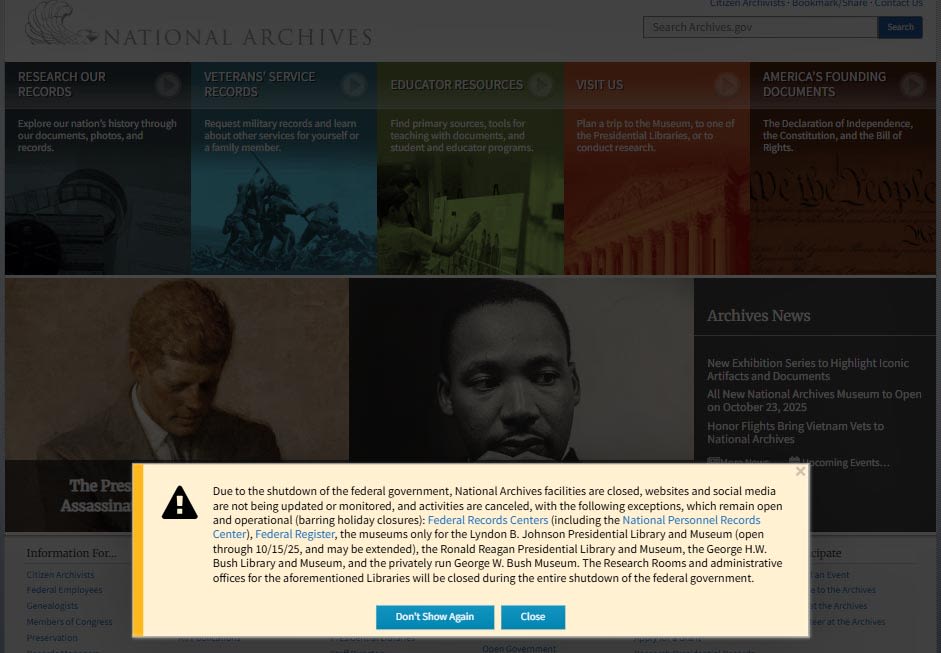National Archives website notification
