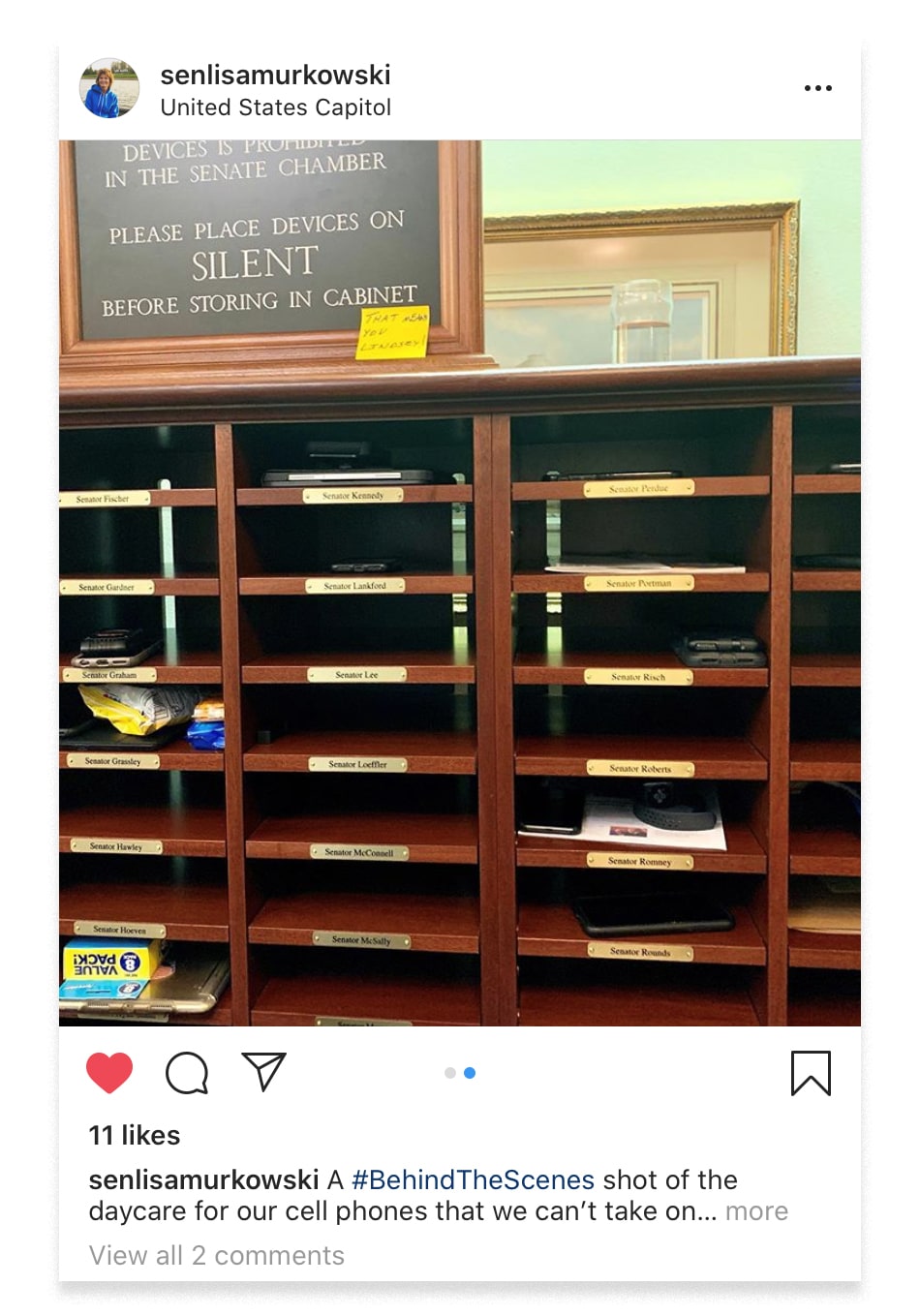 Image: A now deleted photo posted to the Instagram of Sen. Lisa Murkowski on Jan. 22, 2020.