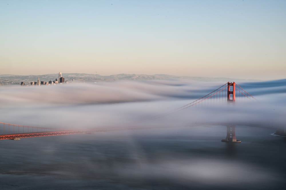 Fog blankets the Golden Gate Bridge of San Francisco