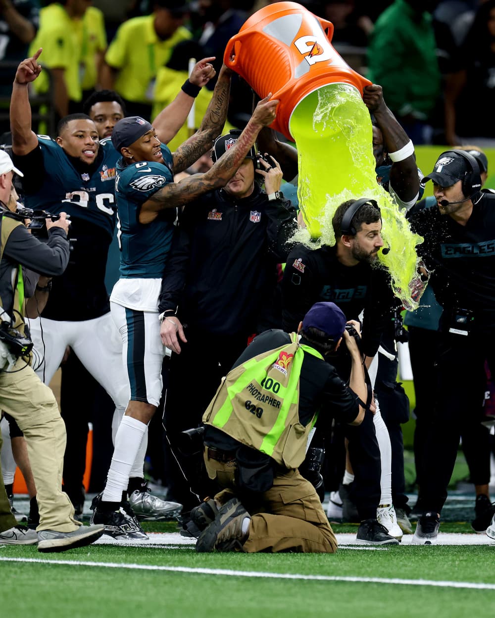 Head coach Nick Sirianni of the Philadelphia Eagles is showered with Gatorade in the fourth quarter against the Kansas City Chiefs.