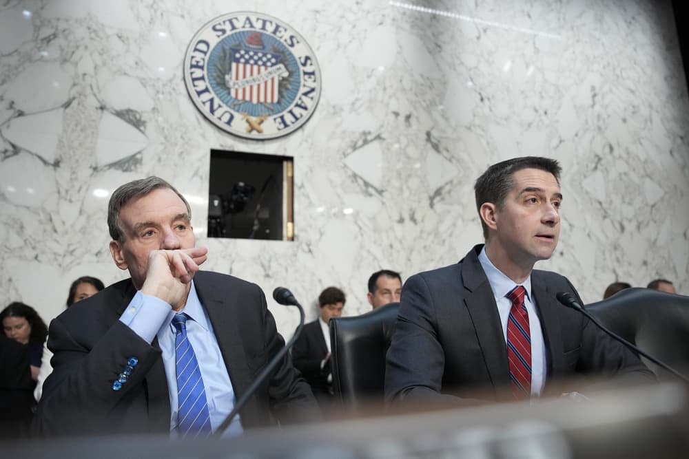 Sens. Mark Warner, D-Va., and Tom Cotton, R-Ark., during a Senate Committee on Intelligence Hearing on March 25, 2025.