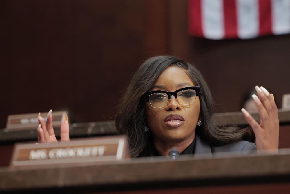 Rep. Jasmine Crockett, D-Texas, speaks during a House hearing on Feb. 26, 2025.