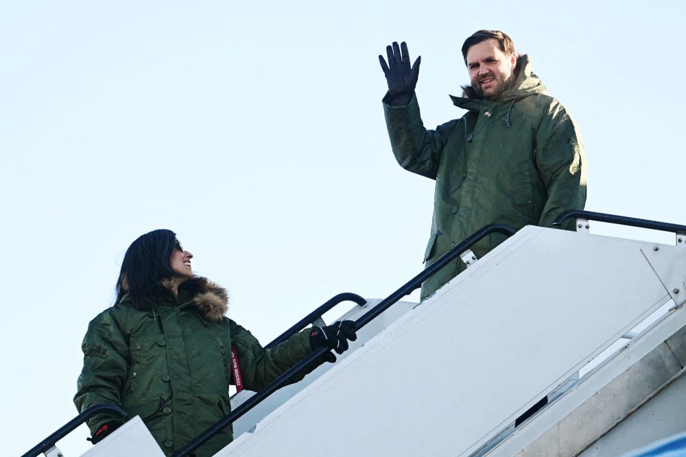 Vice President JD Vance and second lady Usha Vance arrive at the U.S. military's Pituffik Space Base in Greenland on March 28, 2025.