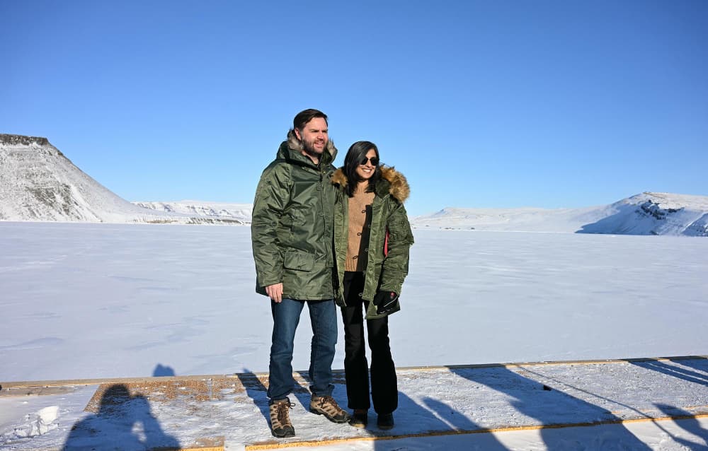 Vice President JD Vance and second lady Usha Vance pose as they tour the U.S. military's Pituffik Space Base in Greenland.