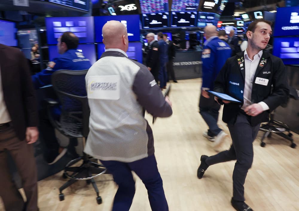 Traders work on the floor of the New York Stock Exchange on April 7, 2025. 