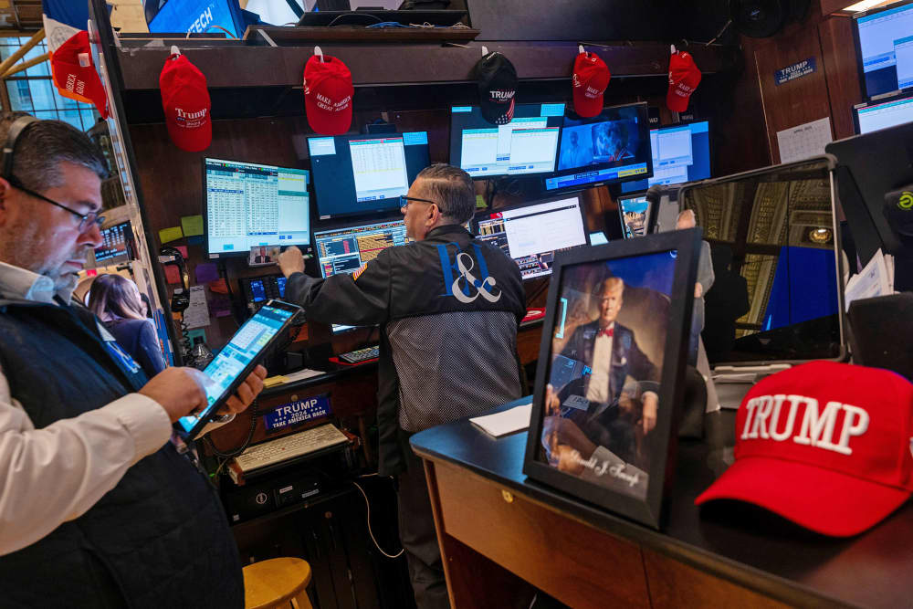 Traders work on the floor of the New York Stock Exchange on April 9, 2025.