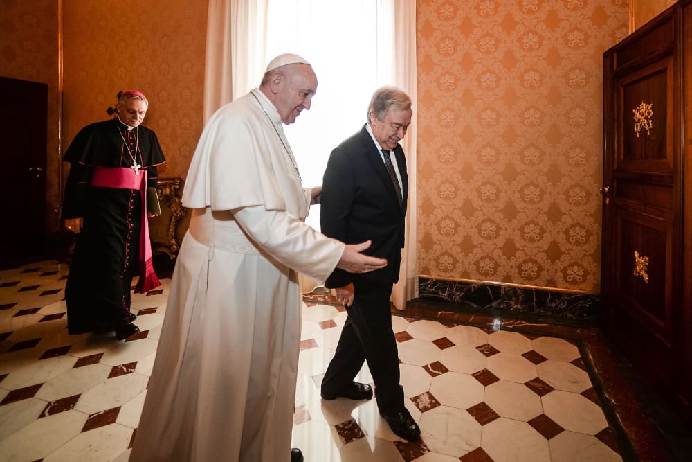 Pope Francis greets U.N. Secretary-General Antonio Guterres at the Vatican in 2019. 