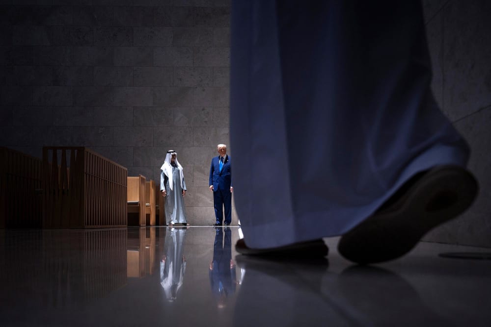 President Donald Trump visits a synagogue at the Abrahamic Family House, an interfaith complex in Abu Dhabi, on May 16, 2025. 