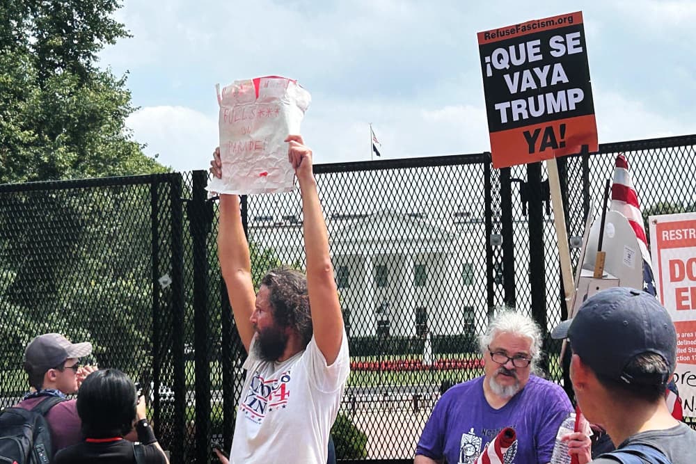 "Refuse Fascism" protesters arrive at Lafayette Park next to the White House on June 14, 2025.