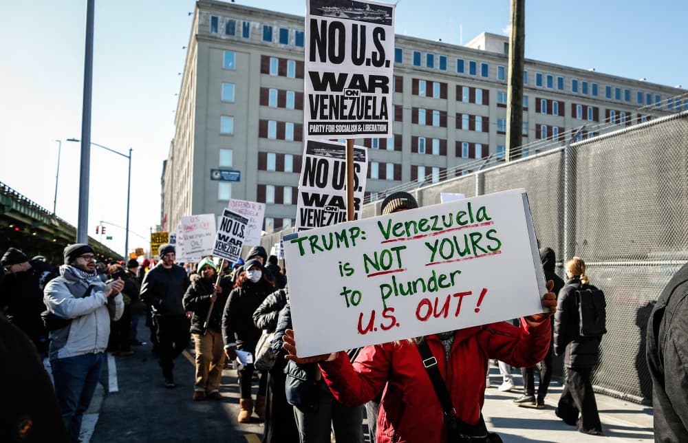 People protest against war in Venezuela outside