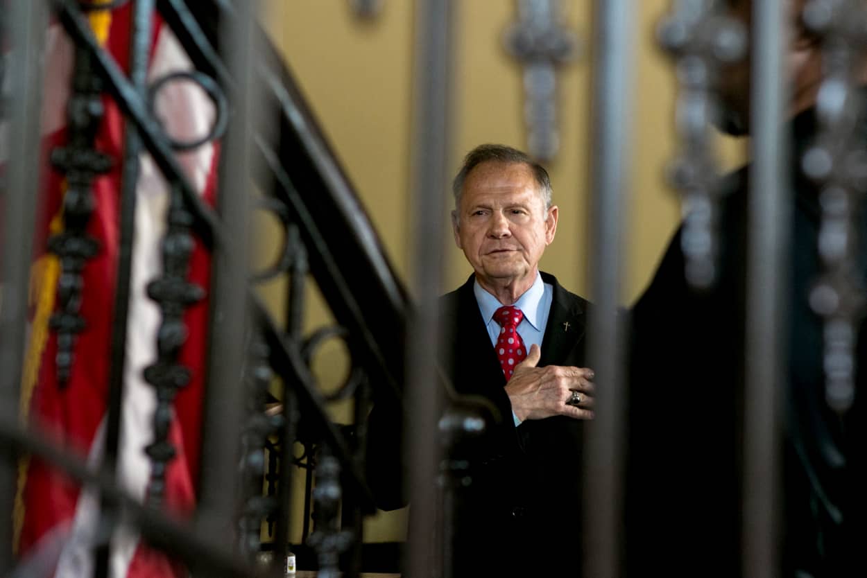 Image: Roy Moore gives the Pledge of Allegiance before announcing his plans to run for U.S. Senate in Montgomery, Alabama, on June 20, 2019.
