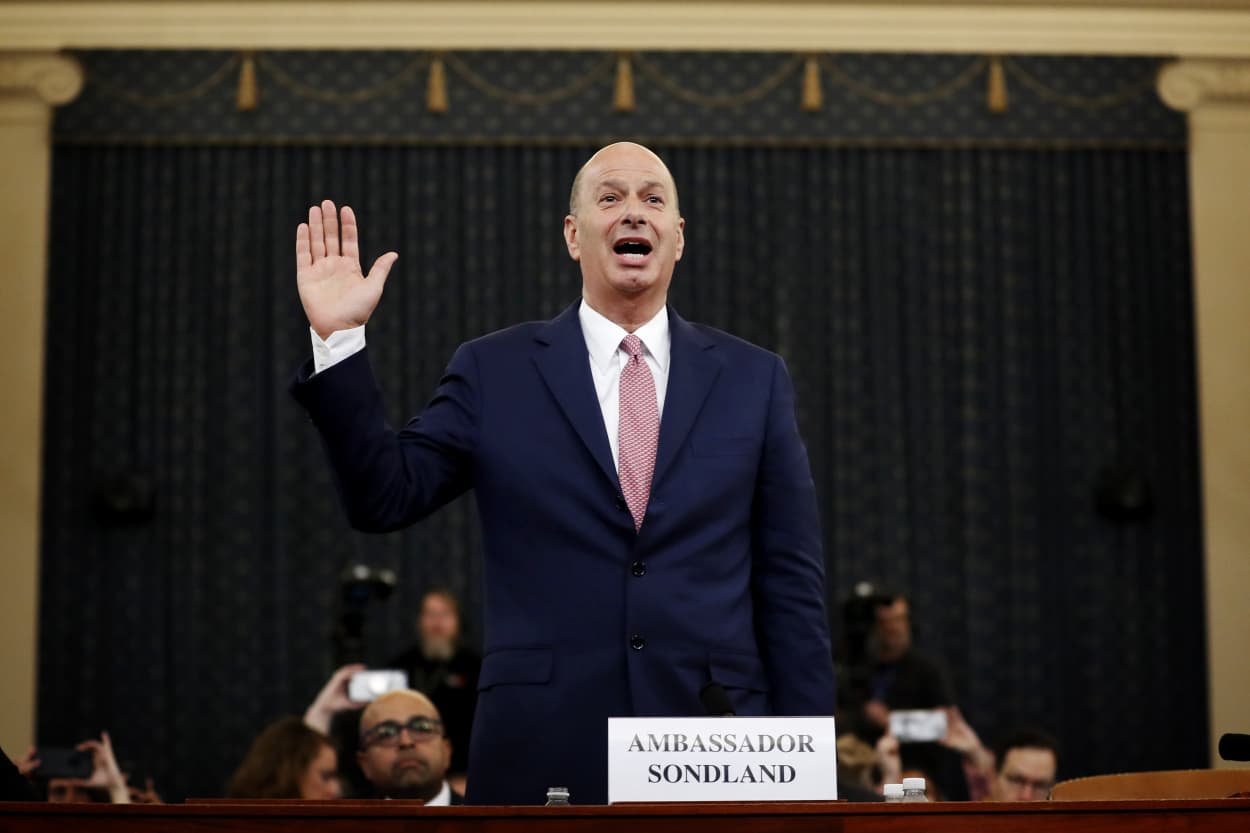 Image: Ambassador to the European Union Gordon Sondland is sworn in to testify before the House Intelligence Committee on Capitol Hill on Nov. 20, 2019.
