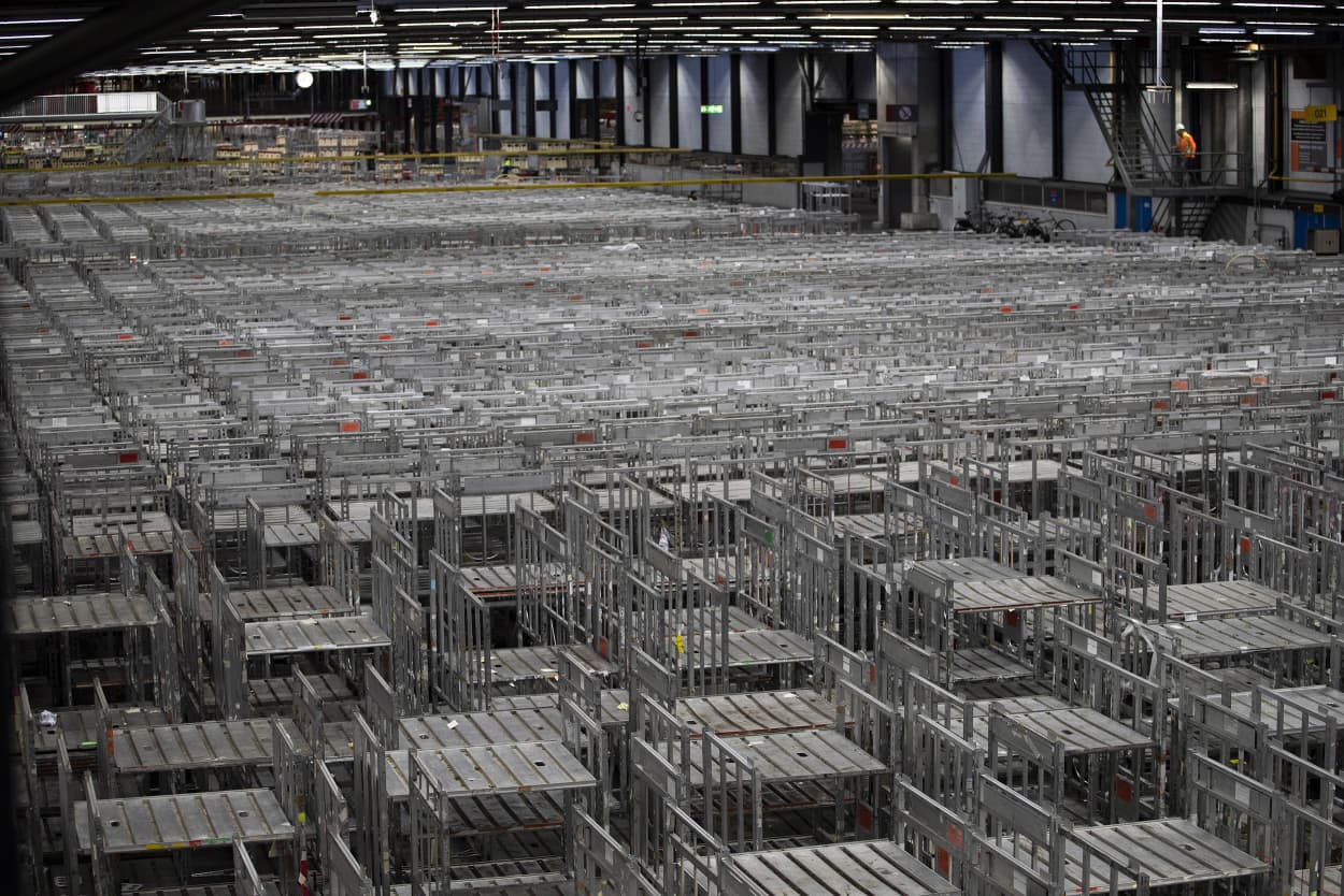 Image: Empty racks are seen at flower auctioneer Royal FloraHolland in Aalsmeer, Netherlands,