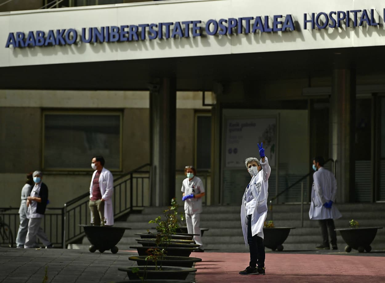 Health services staff members protesting outside the Txagorritxu hospital demand more protective equipment Friday, March 20, 2020,
