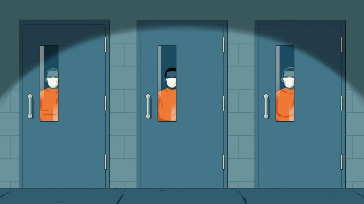 Illustration of children in masks at a juvenile detention center looking out from cell door windows.