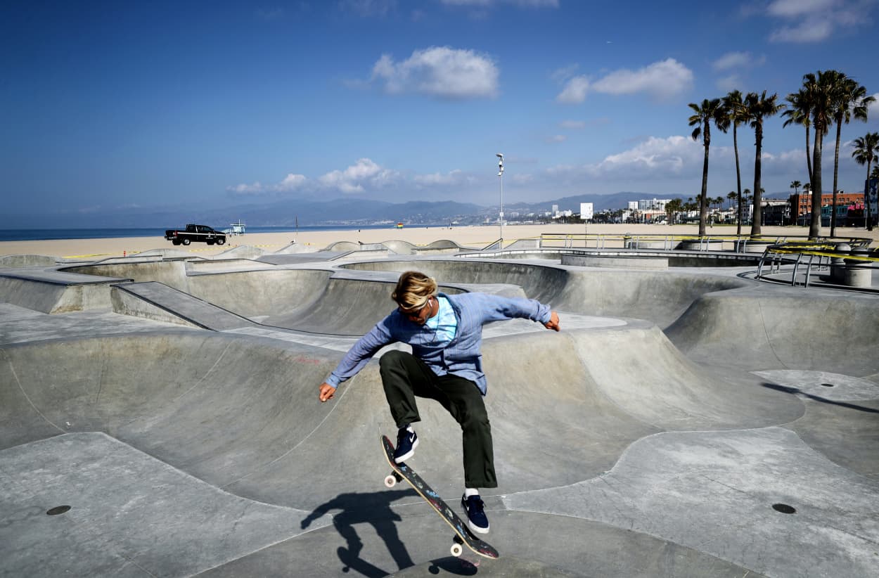 Image: A lone skateboarder at the skate park in Venice Beach, Calif., on March 29, 2020. Los Angeles County has closed all beaches as a new measure to slow the spread of coronavirus.
