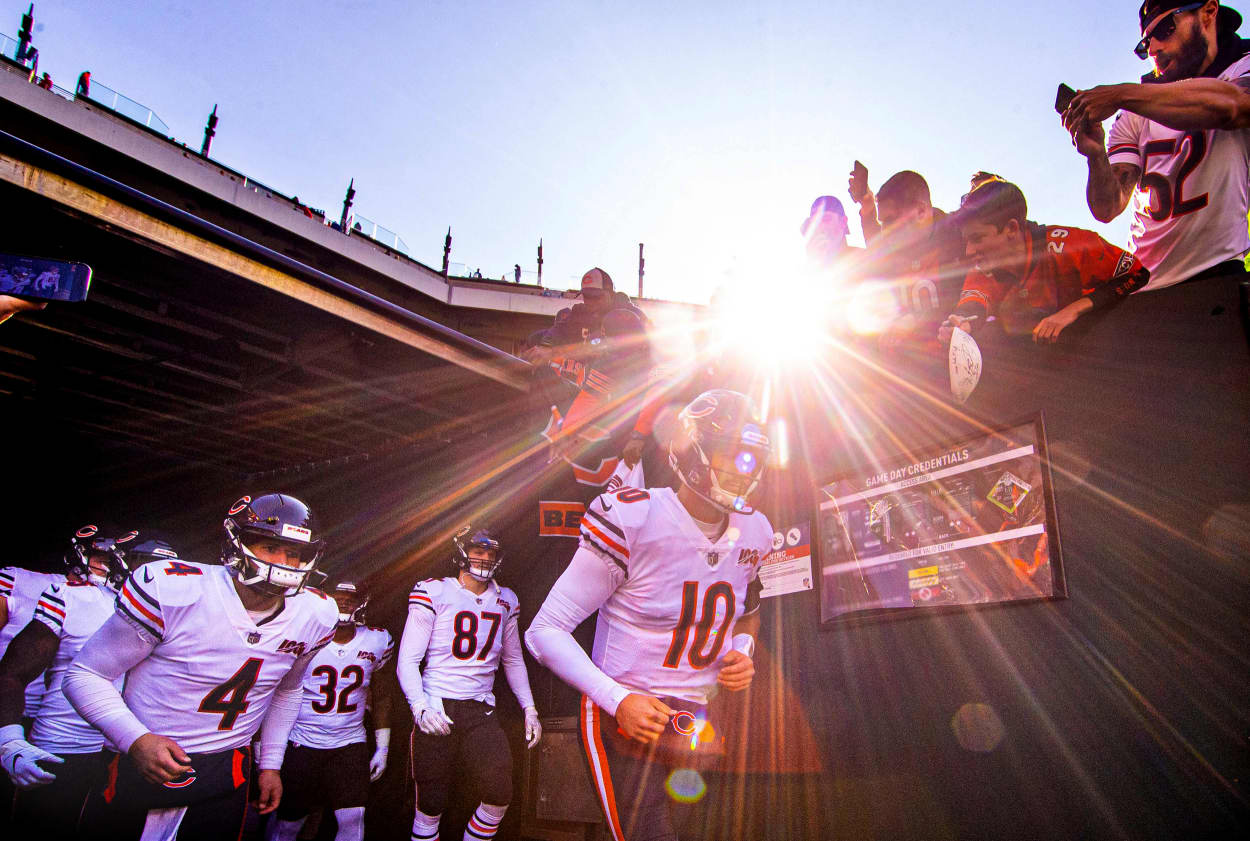 Image; Chicago Bears quarterback Mitchell Trubisky leads teammates out of the tunnel for a game against the New England Patriots in Philadelphia on Nov. 3, 2019.