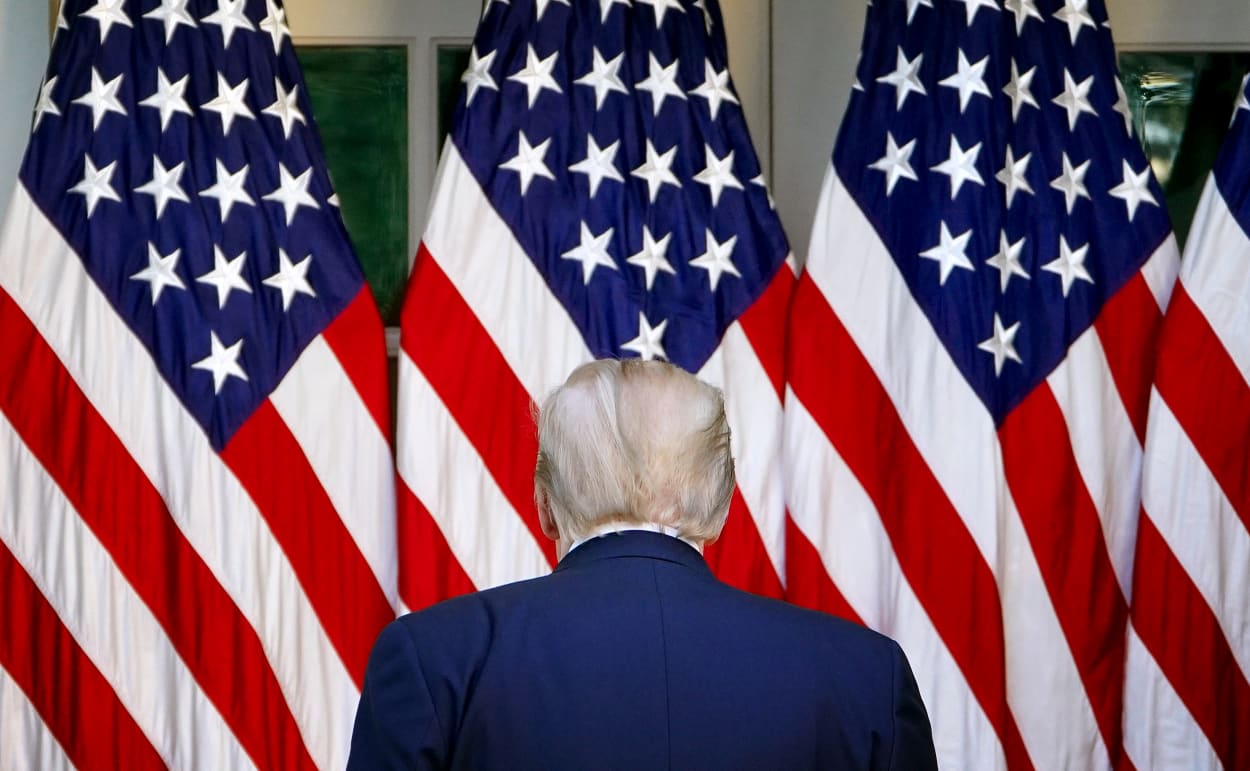 Image: President Donald Trump leaves the Rose Garden after a coronavirus press briefing on April 15, 2020.
