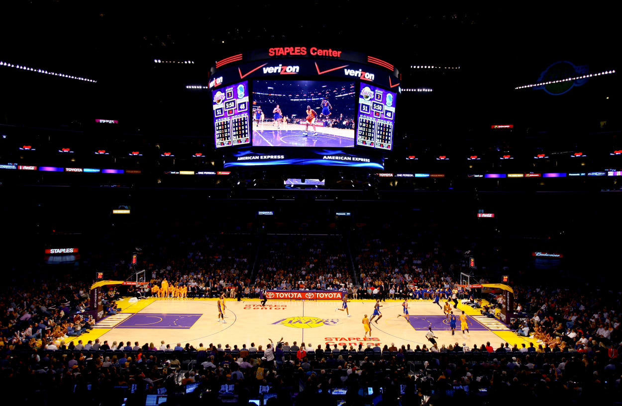 Image: The Staples Center court during a game between the Los Angeles Lakers and Golden State Warriors in 2012.