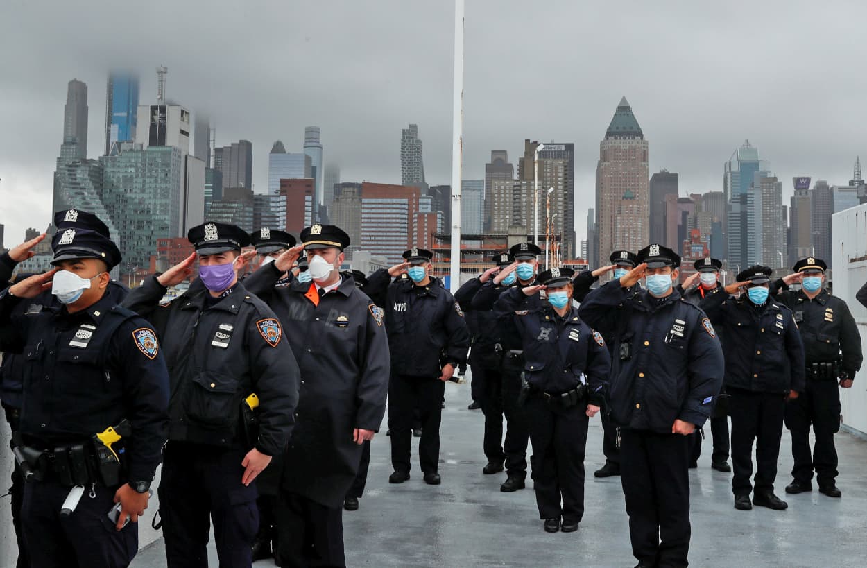 Image: Hospital ship USNS Comfort departs Manhattan during the outbreak of the coronavirus (COVID-19) in New York