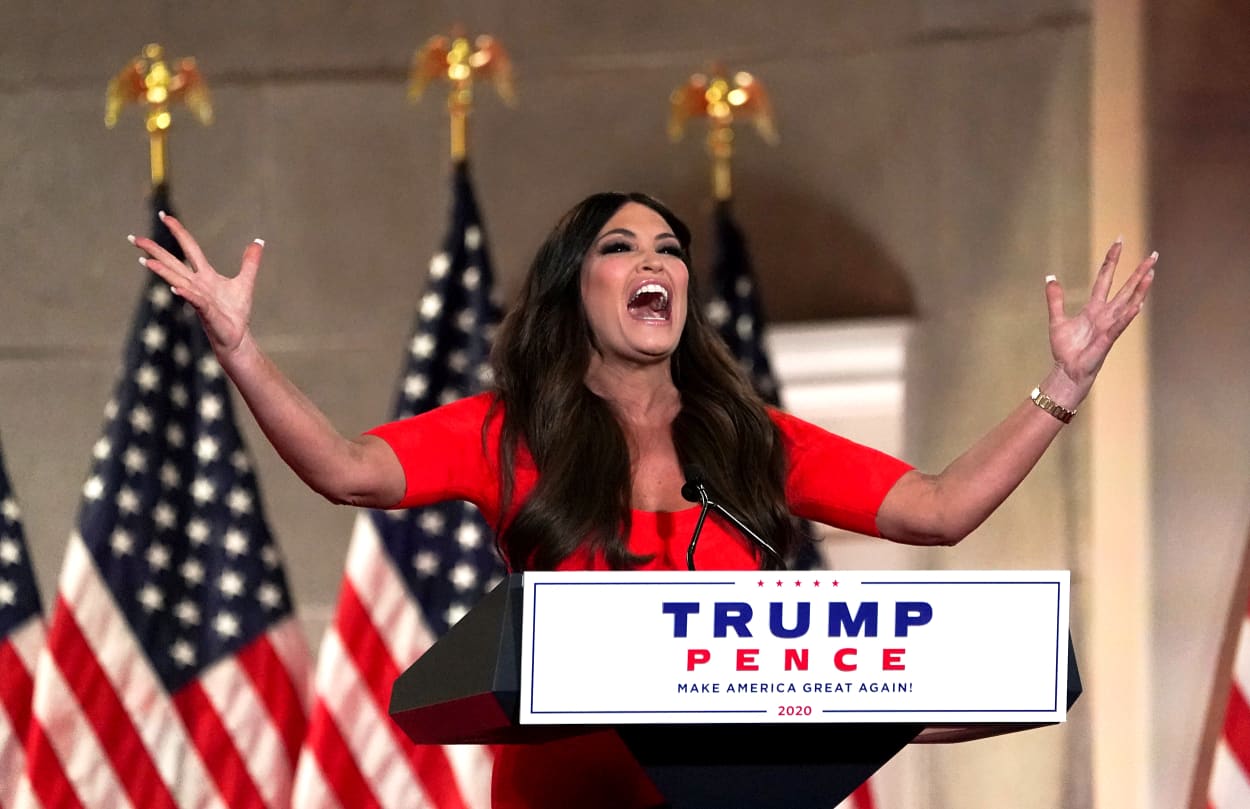 Image: Kimberly Guilfoyle delivers a pre-recorded speech to the largely virtual Republican National Convention in Charlotte, from Washington