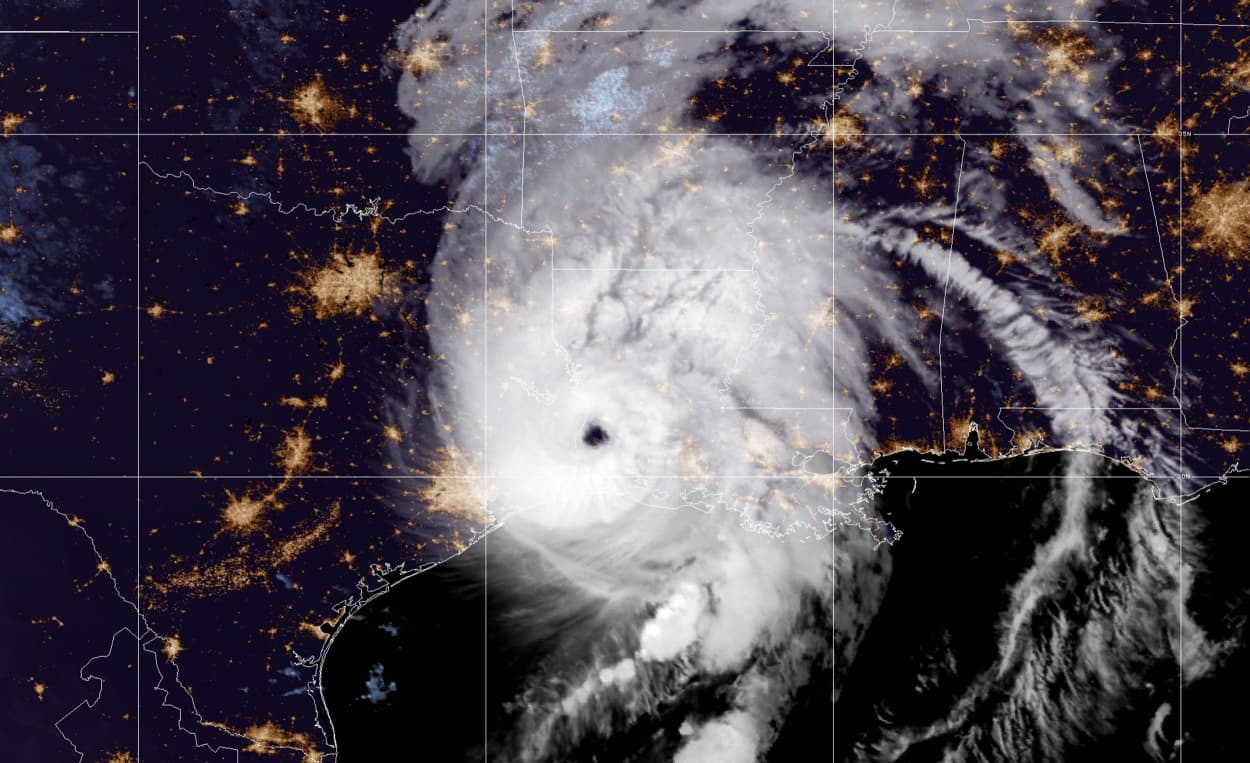 Image: A satellite image showing the progress of Hurricane Laura over the Gulf of Mexico on Aug. 27, 2020.