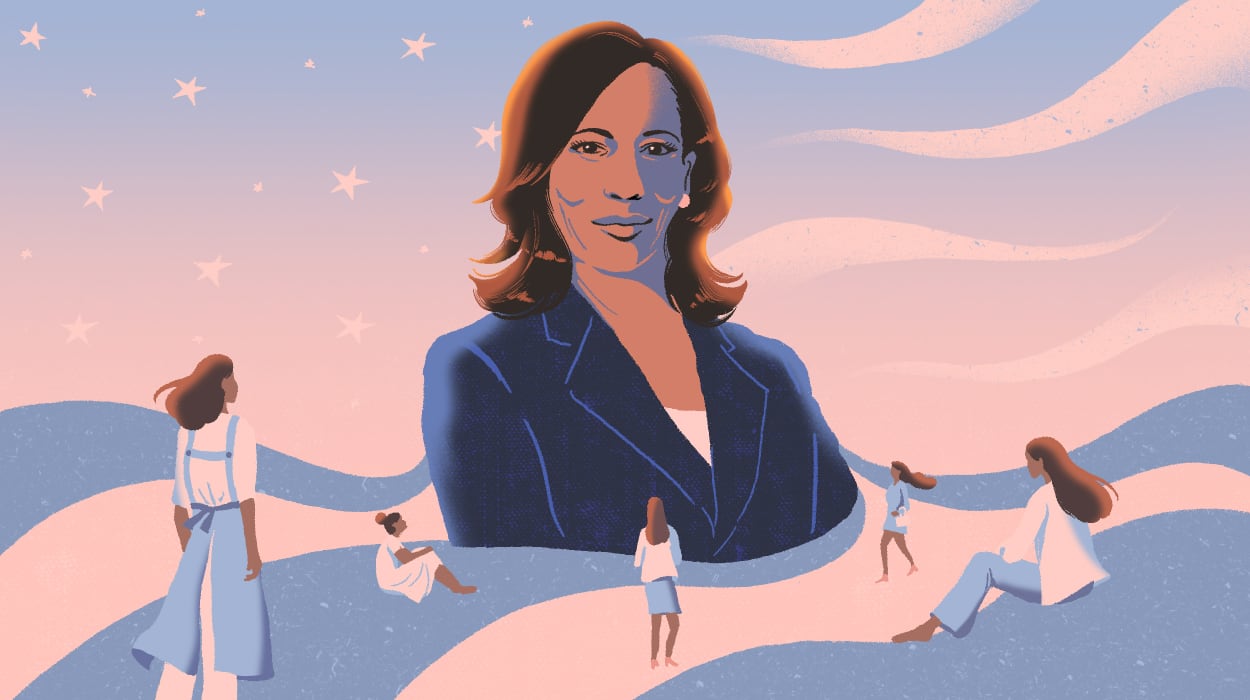 Illustration of Kamala Harris standing in front of a flag motif. South Asian women look at her.