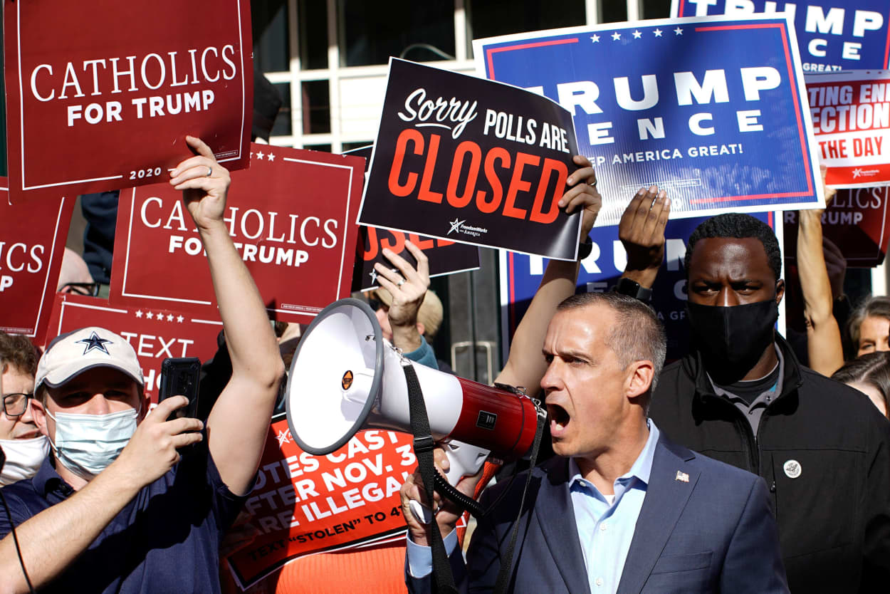 Image: Former campaiCoreygn senior adviser Of U.S. president Donald Trump, Corey Lewandowski uses a megaphone as supporters of U.S. president Donald Trump rally as votes continue to be counted following the 2020 U.S. presidential election, in Philadelphia
